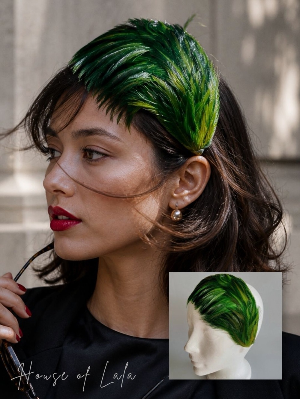 Vintage small green feather headband fascinator hat. Costume Theater